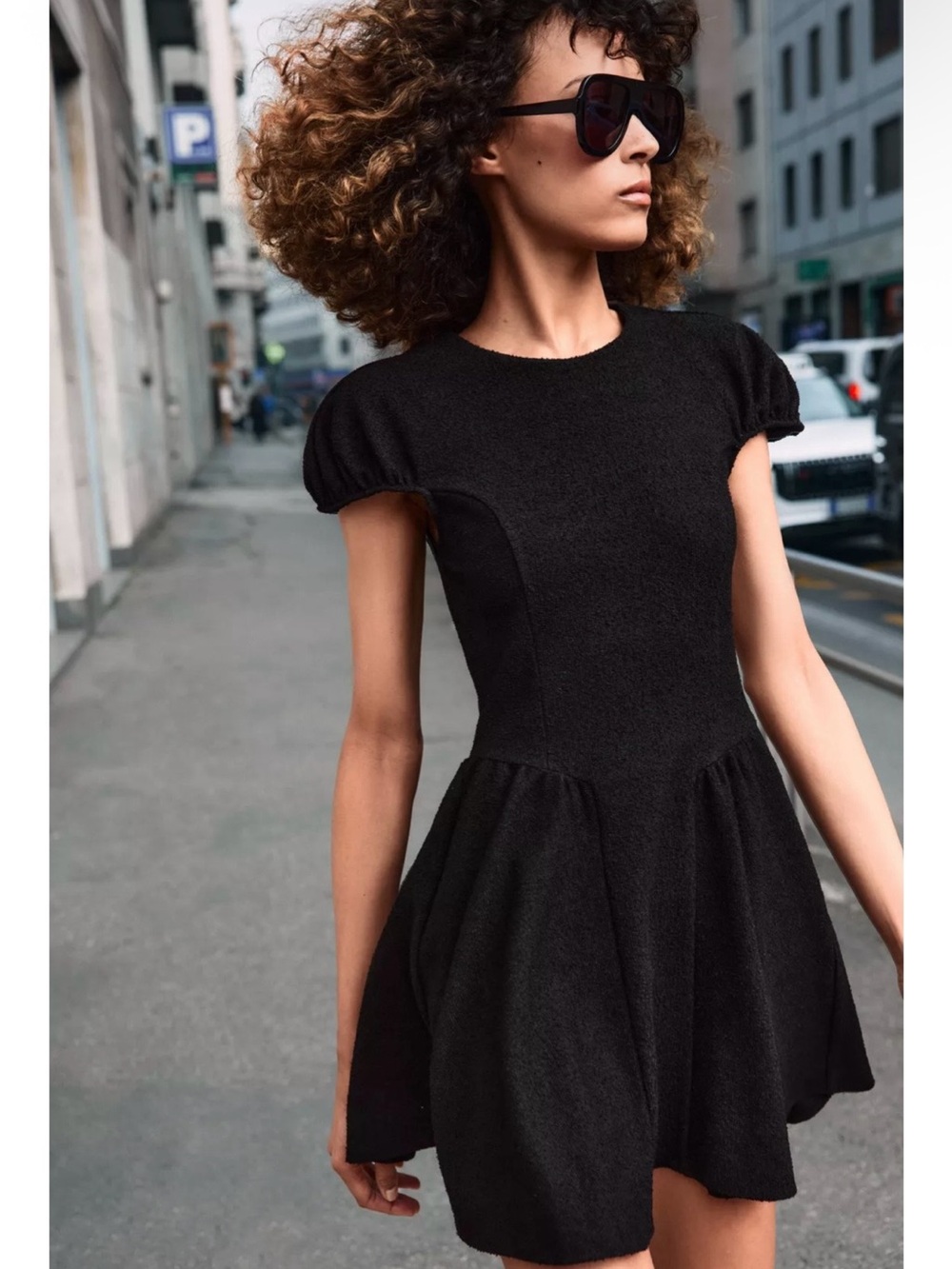 ZARA Boucle’ Puff Sleeve Short Black Dress